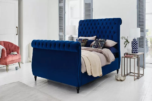 Blue Sleigh Bed with Mattress and Headboard
