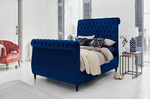 blue sleigh bed